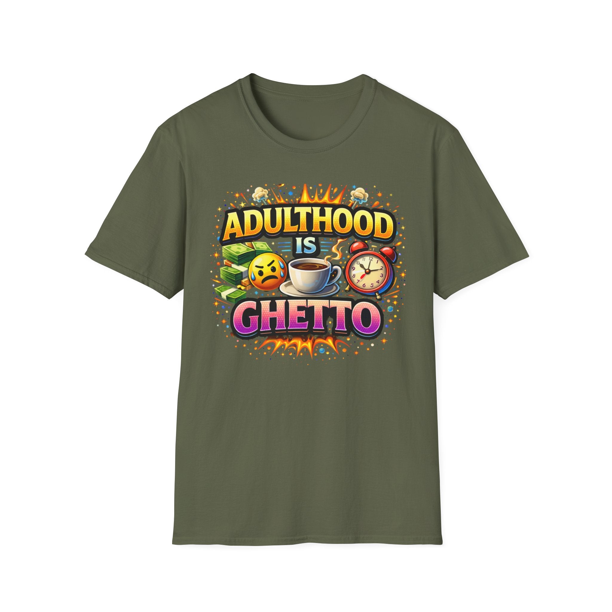 Adulthood Is Ghetto T-Shirt – Funny Coffee & Morning Alarm Graphic Tee