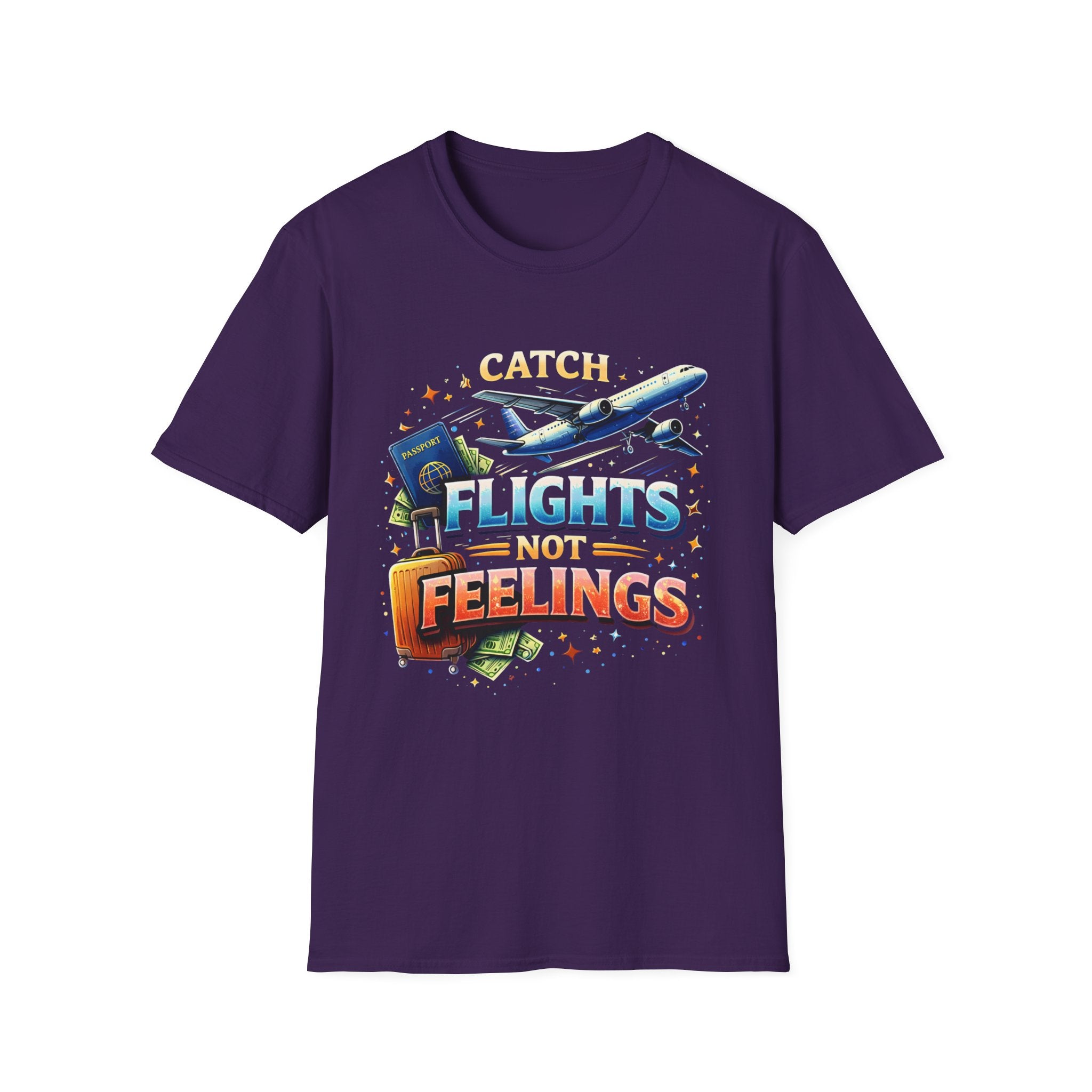Catch Flights Not Feelings T-Shirt — Travel Plane, Passport & Suitcase Tee