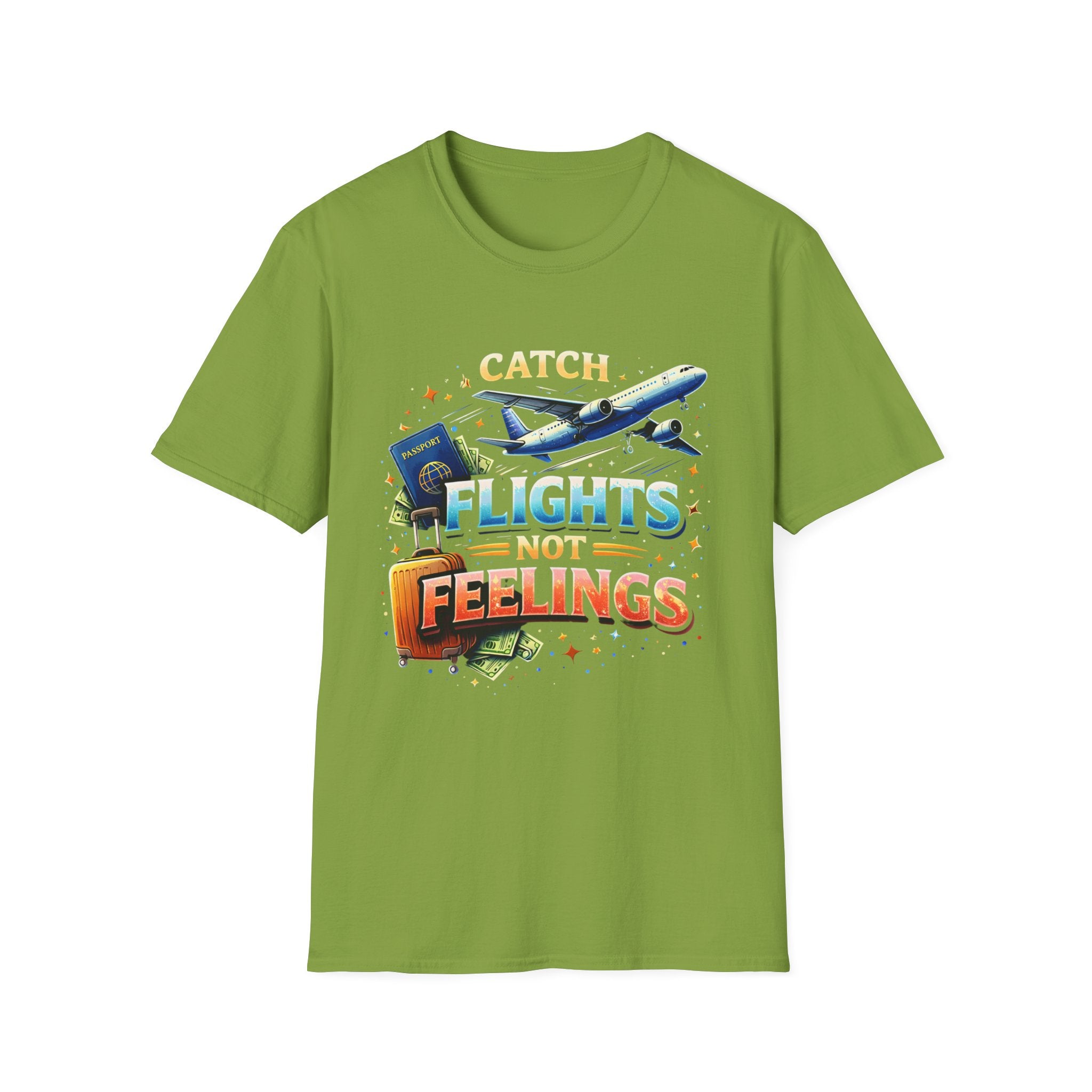 Catch Flights Not Feelings T-Shirt — Travel Plane, Passport & Suitcase Tee