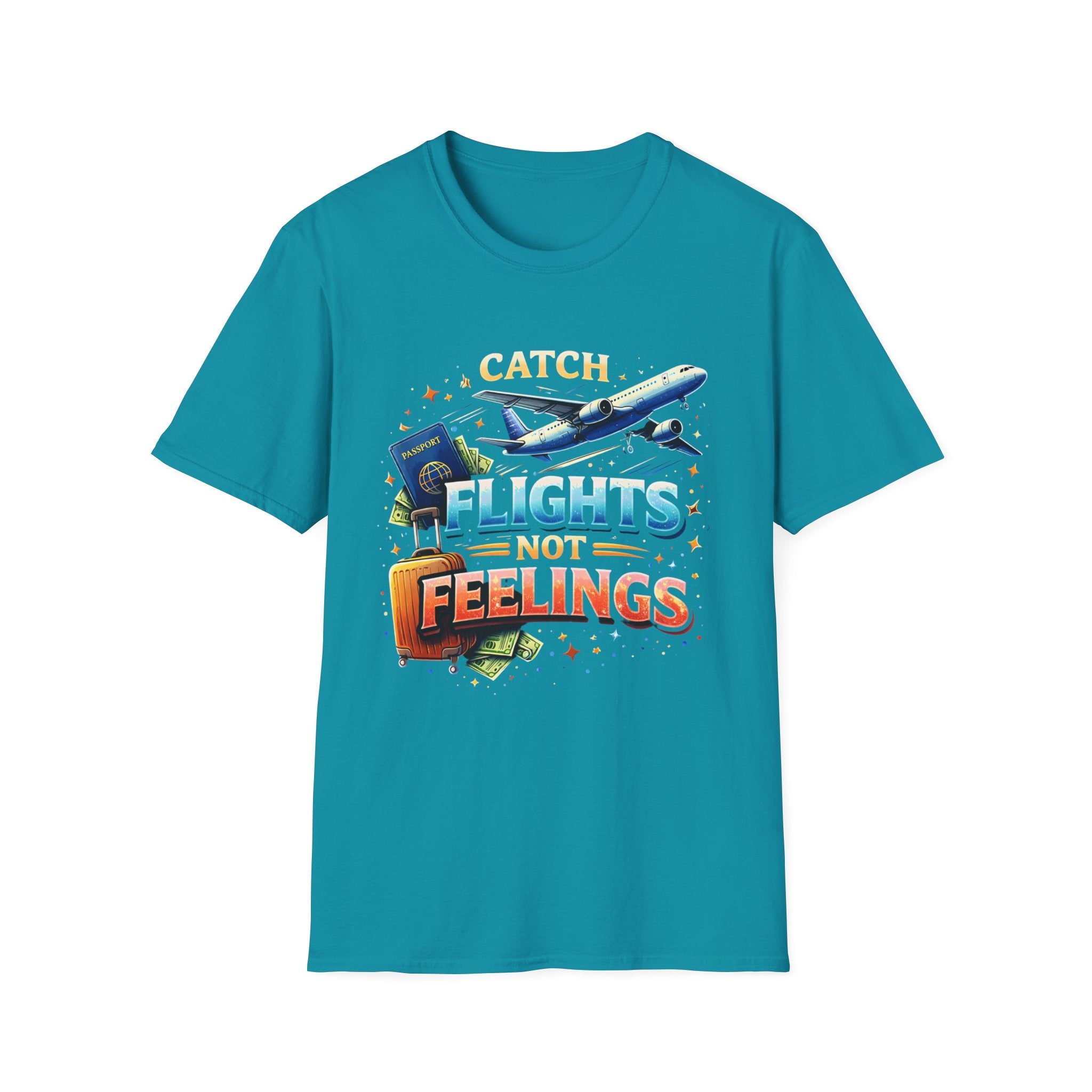 Catch Flights Not Feelings T-Shirt — Travel Plane, Passport & Suitcase Tee